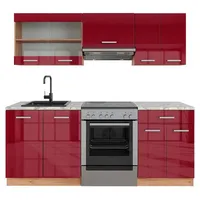 Vicco Küchenzeile R-Line 200 cm Rot Hochglanz/Goldkraft Eiche