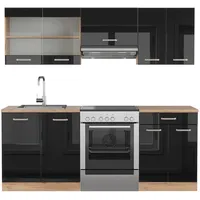 Vicco Küchenzeile R-Line 200 cm Schwarz Hochglanz/Eiche