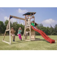 Axi Spielturm Malik mit Doppelschaukel Braun und Rutsche Rot