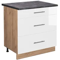 Vicco Küchenunterschrank Fame-Line, Weiß Hochglanz/Goldkraft Eiche Wotan, 3 Schubladen,
