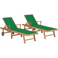 VidaXL Sonnenliegen 2 Stk. mit Auflagen Grün Massivholz Teak