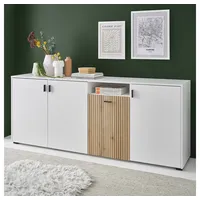 Lomadox Sideboard 200 cm breit weiß matt Eiche gerillt