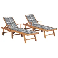 VidaXL Sonnenliegen 2 Stk. Auflagen Graues Karomuster Massivholz Teak