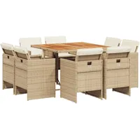 VidaXL 9-tlg. Garten-Essgruppe mit Kissen Beige Poly Rattan