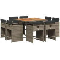 VidaXL 9-tlg. Garten-Essgruppe mit Kissen Grau Poly Rattan