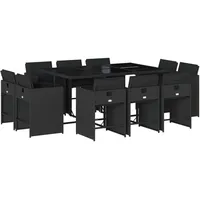 VidaXL 11-tlg. Garten-Essgruppe mit Kissen Schwarz Poly Rattan