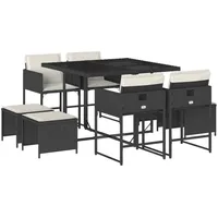 VidaXL 9-tlg. Garten-Essgruppe mit Kissen Schwarz Poly Rattan