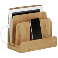 Relaxdays Ladestation Bambus, Ladestationhalter, 3 Ablagen, Smartphone, Handy, Tablets,