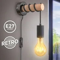 B.K.Licht Wandleuchte, Metall schwarz,mit Holz,1xE27/max.60W