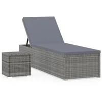 VidaXL Sonnenliege mit Auflage und Teetisch Poly Rattan Grau