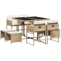VidaXL 9-tlg. Garten-Essgruppe mit Kissen Beige Poly Rattan