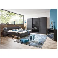 Lomadox Schlafzimmer Set Bett Schwebetürenschrank, Kommode Nachtschrank, graphit schwarz