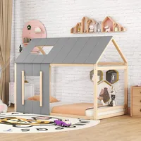 Flieks Kinderbett Hausbett 90x200cm mit Rausfallschutz, Bodenbett Holzbett Einzelbett