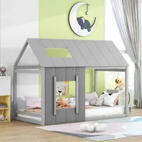Flieks Kinderbett Hausbett 90x200cm mit Rausfallschutz, Bodenbett Holzbett Einzelbett