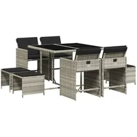 VidaXL 9-tlg. Garten-Essgruppe mit Kissen Hellgrau Poly Rattan