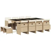 VidaXL 13-tlg. Garten-Essgruppe mit Kissen Beige Poly Rattan