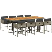 VidaXL 9-tlg. Garten-Essgruppe mit Kissen Grau Poly Rattan
