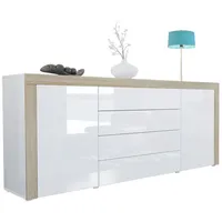 Vladon Sideboard, Weiß Hochglanz, Hellbraun, Holzwerkstoff, 167x72x35 cm, Wohnzimmer,