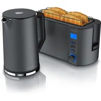 Arendo 2-teiliges Frühstücks-Set, Langschlitztoaster 4 Scheiben & Edelstahl Wasserkocher