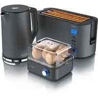 Arendo Frühstücks-Set 3-teilig, 4-Scheiben Langschlitztoaster, 8er Eierkocher, 1,5L Wasserkocher,