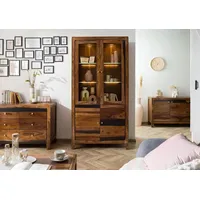 Massivmoebel24 Vitrine Sheesham 100x45x200 dunkelbraun lackiert Ancona 235