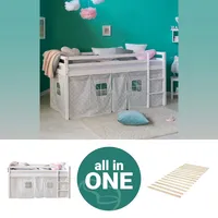Homestyle4u Hochbett 90x200 mit Vorhang und Lattenrost Weiß Holz,