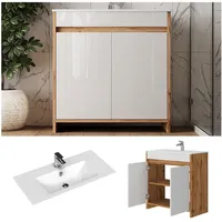 Vicco Waschbecken mit Unterschrank Lemgo Eiche Weiß 80 cm