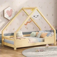 Flieks Kinderbett Hausbett 90x200cm mit Lattenrost, Bodenbett mit Rausfallschutz,