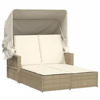 VidaXL Doppel-Sonnenliege mit Dach und Auflagen Beige Poly Rattan