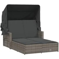 VidaXL Doppel-Sonnenliege mit Dach und Auflagen Grau Poly Rattan