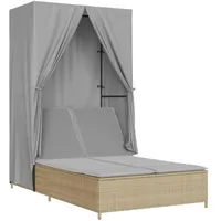 VidaXL Doppel-Sonnenliege mit Dach und Vorhängen Beige Poly Rattan