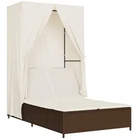 VidaXL Doppel-Sonnenliege mit Dach und Vorhängen Braun Poly Rattan
