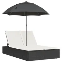 VidaXL Doppel-Sonnenliege mit Kissen&Sonnenschirm Schwarz Poly Rattan