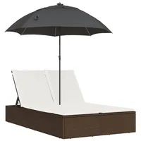VidaXL Doppel-Sonnenliege mit Kissen & Sonnenschirm Braun Poly Rattan