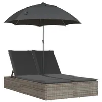 VidaXL Doppel-Sonnenliege mit Kissen & Sonnenschirm Grau Poly Rattan