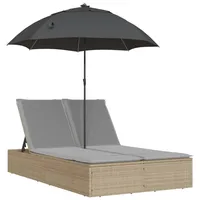 VidaXL Doppel-Sonnenliege mit Kissen & Sonnenschirm Beige Poly Rattan