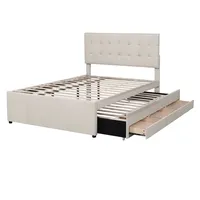 XDOVET Polsterbett(Beige,140x200cm)Doppelbett,Familienbett,Ehebett mit drei Schubladen,ausziehbares Bett, Verstellbares Kopfteil -