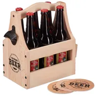 Relaxdays Bierträger aus Holz, mit Flaschenöffner - Bierdeckel, Flaschenträger