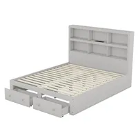 XDOVET Doppelbett(Grau,160*200cm)Massivholz, Kingsize-Plattformbett mit zwei Schubladen am Fußende des