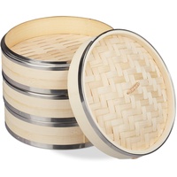 Relaxdays Bambus Dampfgarer, 3 Etagen, mit Metallringen, asiatischer Dampfkorb