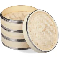 Relaxdays Bambus Dampfgarer 3 Etagen mit Metallringen, asiatischer Dampfkorb