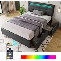 XDOVET Bett,Bettgestell mit LED-Beleuchtung und 2 Schubladen, Einzelbett Polsterbett