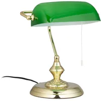 Relaxdays Relaxdays, Bankerlampe mit Zugschalter, grüner Schirm, runder Sockel,