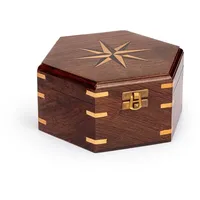 Nklaus 18,5x16,5x8,5cm Maritim Sechseckige Holzbox mit Windrose-Inlay und Messing-Verschluss