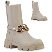 VAN HILL Damen Plateau Boots Stiefeletten Ketten Stiefel Profil-Sohle