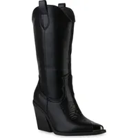 VAN HILL Damen Cowboystiefel Trichterabsatz Stickereien Schuhe 840584 Schwarz,