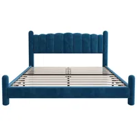 XDOVET Polsterbett(160*200cm,Blau)mit Lattenrost und Kopfteil, Stilvolles fächerförmiges Kopfteil, Zylindrische