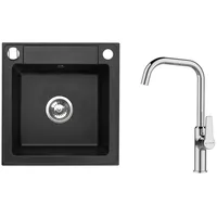 Manestein Granitspüle mit Armatur Chrom Hoch Küchenspüle schwarz 44x46