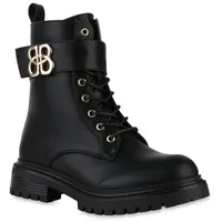 VAN HILL Damen Schnürstiefeletten Blockabsatz Schnallen Trendy Schuhe Schwarz,