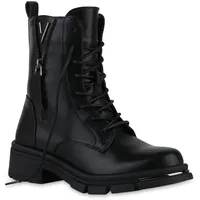 VAN HILL Damen Schnürstiefeletten Blockabsatz Lack Trendy Schuhe Schwarz,